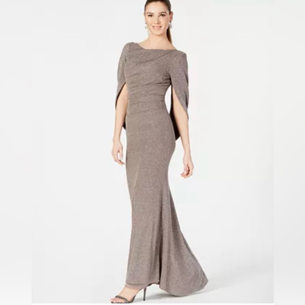Betsy & Adam Metallic Cowl Neck Drape Back Gown